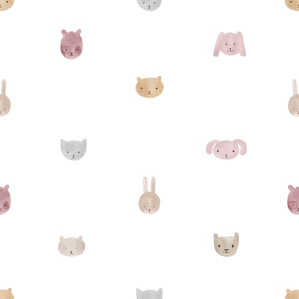 Galerie Wallpaper Product code: 14814 - Little Explorers 2 Wallpaper Collection - Pink Colours - This delightful design features simple watercolour designs of rabbits, bears, cats and dogs. With its minimalist illustrations, this wallpaper brings the beauty of wildlife into your child's bedroom or playroom and creates an inspiring but calm environment. Design