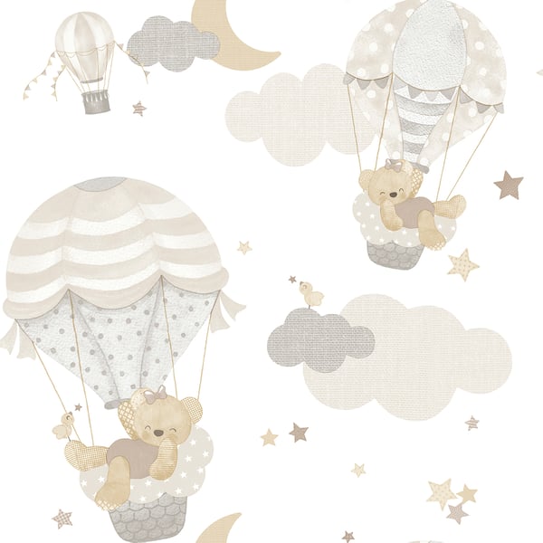 Galerie Wallpaper Product code: 14817 - Little Explorers 2 Wallpaper Collection - Beige Colours - Want to inject some fun into your child's bedroom? Look no further than this adorable design! This stylish and pastel-coloured design is perfect for kids' rooms, and the white base colour is sure to brighten up any space. Plus, the figurative vibe and fantasy feel of the bears and balloons make this the perfect paper for any little dreamer. So why wait? Add some fun to your child's room with this cute design today! Design