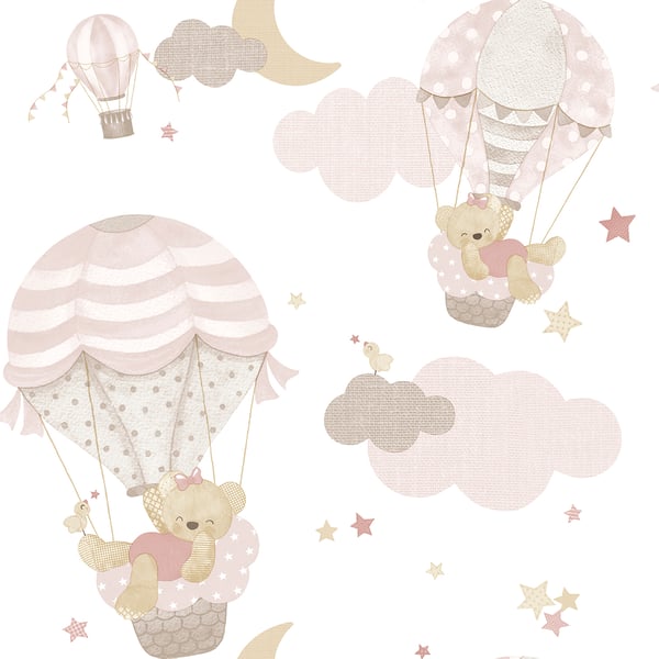 Galerie Wallpaper Product code: 14818 - Little Explorers 2 Wallpaper Collection - Pink Beige Colours - Want to inject some fun into your child's bedroom? Look no further than this adorable design! This stylish and pastel-coloured design is perfect for kids' rooms, and the white base colour is sure to brighten up any space. Plus, the figurative vibe and fantasy feel of the bears and balloons make this the perfect paper for any little dreamer. So why wait? Add some fun to your child's room with this cute design today! Design