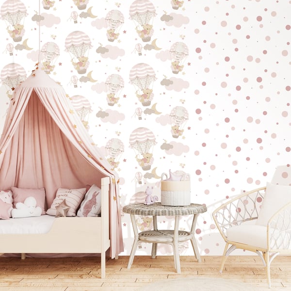 Galerie Wallpaper Product code: 14818_2 - Little Explorers 2 Wallpaper Collection - Pink Beige Colours - Want to inject some fun into your child's bedroom? Look no further than this adorable design! This stylish and pastel-coloured design is perfect for kids' rooms, and the white base colour is sure to brighten up any space. Plus, the figurative vibe and fantasy feel of the bears and balloons make this the perfect paper for any little dreamer. So why wait? Add some fun to your child's room with this cute design today! Design