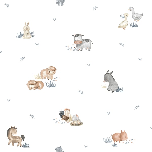 Galerie Wallpaper Product code: 14830 - Little Explorers 2 Wallpaper Collection - Blue Colours - Bring your walls to life with this cute wallpaper design. Featuring friendly animals such as donkeys, chickens and pigs, this unique and adorable wallpaper is ideal for sparking their imagination, whether they are babies or older. Suitable for using as a sweet nursery wallpaper, this animal inspired design is available in a white and beige colourway, and is ideal for creating a modern and warm feel in your child’s bedroom or playroom.  Design
