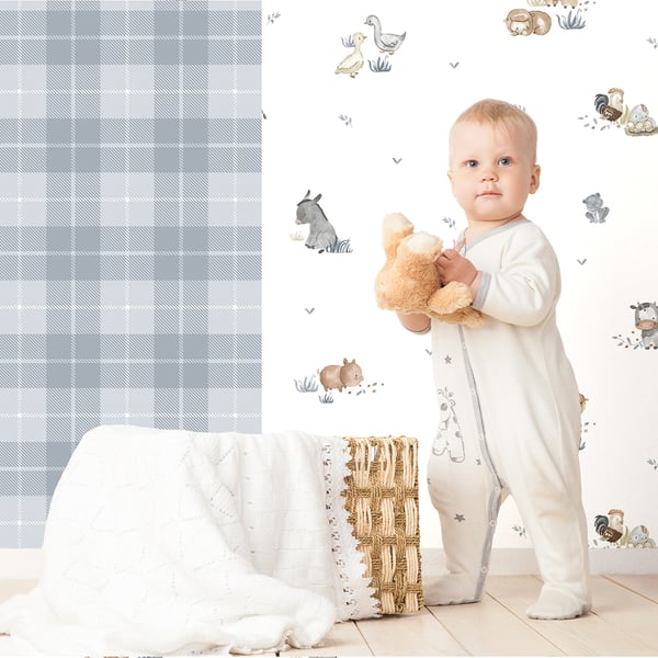 Galerie Wallpaper Product code: 14830_2 - Little Explorers 2 Wallpaper Collection - Blue Colours - Bring your walls to life with this cute wallpaper design. Featuring friendly animals such as donkeys, chickens and pigs, this unique and adorable wallpaper is ideal for sparking their imagination, whether they are babies or older. Suitable for using as a sweet nursery wallpaper, this animal inspired design is available in a white and beige colourway, and is ideal for creating a modern and warm feel in your child’s bedroom or playroom.  Design