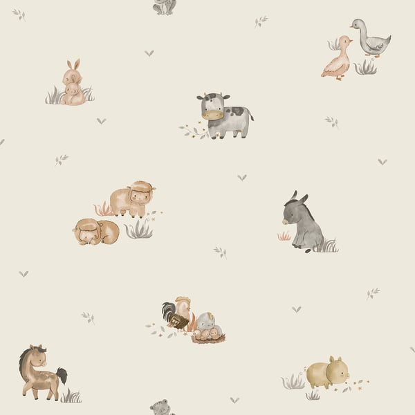 Galerie Wallpaper Product code: 14831 - Little Explorers 2 Wallpaper Collection - Beige Colours - Bring your walls to life with this cute wallpaper design. Featuring friendly animals such as donkeys, chickens and pigs, this unique and adorable wallpaper is ideal for sparking their imagination, whether they are babies or older. Suitable for using as a sweet nursery wallpaper, this animal inspired design is available in a white and beige colourway, and is ideal for creating a modern and warm feel in your child’s bedroom or playroom.  Design