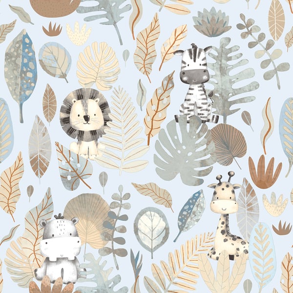 Galerie Wallpaper Product code: 14836 - Little Explorers 2 Wallpaper Collection - Heavenly Colours - If you’re looking for a cute jungle wallpaper for your child’s bedroom or nursery, look no further than our heartwarming Savannah wallpaper design. This fun design for kids features stylish pastel leaves, and hidden beneath them are four jungle friends that your child will love and admire on their wall – including a cute zebra and a happy hippo! The soft, muted tones on a creamy background will create a modern and warm feel in your child’s bedroom, nursery, or playroom. All the wallpapers in this collection have been designed to complement each other, which can add even more interest to this lovingly-created kids wallpaper. Savannah is a fun animal wallpaper that will really transform your little one’s space! Design