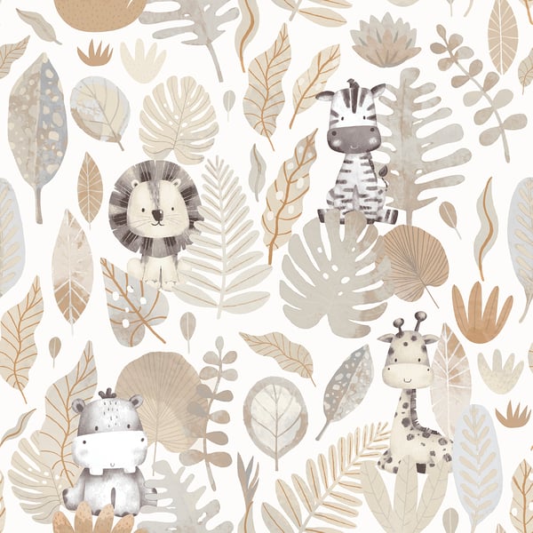 Galerie Wallpaper Product code: 14837 - Little Explorers 2 Wallpaper Collection - Beige - Silver Grey Colours - If you’re looking for a cute jungle wallpaper for your child’s bedroom or nursery, look no further than our heartwarming Savannah wallpaper design. This fun design for kids features stylish pastel leaves, and hidden beneath them are four jungle friends that your child will love and admire on their wall – including a cute zebra and a happy hippo! The soft, muted tones on a creamy background will create a modern and warm feel in your child’s bedroom, nursery, or playroom. All the wallpapers in this collection have been designed to complement each other, which can add even more interest to this lovingly-created kids wallpaper. Savannah is a fun animal wallpaper that will really transform your little one’s space! Design