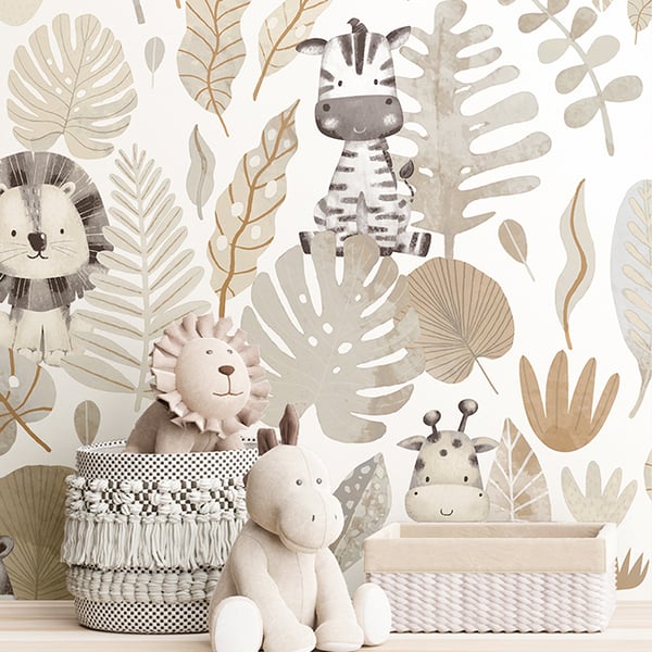 Galerie Wallpaper Product code: 14837_2 - Little Explorers 2 Wallpaper Collection - Beige - Silver Grey Colours - If you’re looking for a cute jungle wallpaper for your child’s bedroom or nursery, look no further than our heartwarming Savannah wallpaper design. This fun design for kids features stylish pastel leaves, and hidden beneath them are four jungle friends that your child will love and admire on their wall – including a cute zebra and a happy hippo! The soft, muted tones on a creamy background will create a modern and warm feel in your child’s bedroom, nursery, or playroom. All the wallpapers in this collection have been designed to complement each other, which can add even more interest to this lovingly-created kids wallpaper. Savannah is a fun animal wallpaper that will really transform your little one’s space! Design