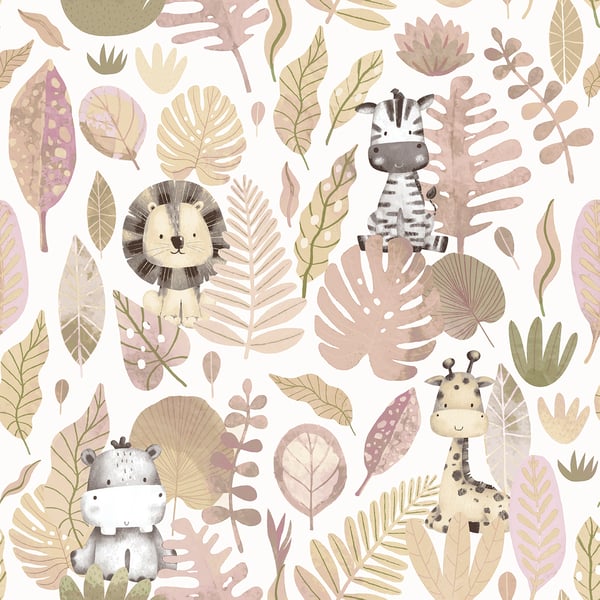 Galerie Wallpaper Product code: 14838 - Little Explorers 2 Wallpaper Collection - Pink Colours - If you’re looking for a cute jungle wallpaper for your child’s bedroom or nursery, look no further than our heartwarming Savannah wallpaper design. This fun design for kids features stylish pastel leaves, and hidden beneath them are four jungle friends that your child will love and admire on their wall – including a cute zebra and a happy hippo! The soft, muted tones on a creamy background will create a modern and warm feel in your child’s bedroom, nursery, or playroom. All the wallpapers in this collection have been designed to complement each other, which can add even more interest to this lovingly-created kids wallpaper. Savannah is a fun animal wallpaper that will really transform your little one’s space! Design