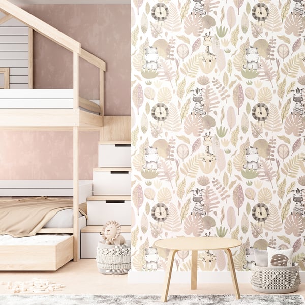 Galerie Wallpaper Product code: 14838_2 - Little Explorers 2 Wallpaper Collection - Pink Colours - If you’re looking for a cute jungle wallpaper for your child’s bedroom or nursery, look no further than our heartwarming Savannah wallpaper design. This fun design for kids features stylish pastel leaves, and hidden beneath them are four jungle friends that your child will love and admire on their wall – including a cute zebra and a happy hippo! The soft, muted tones on a creamy background will create a modern and warm feel in your child’s bedroom, nursery, or playroom. All the wallpapers in this collection have been designed to complement each other, which can add even more interest to this lovingly-created kids wallpaper. Savannah is a fun animal wallpaper that will really transform your little one’s space! Design