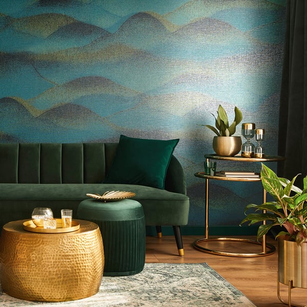 Galerie Wallpaper Product code: 34018R - Hotel Wallpaper Collection - Blue, Black Colours - A textured misty landscape of hills Design