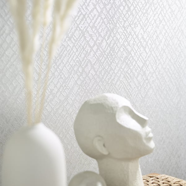 Galerie Wallpaper Product code: 95040_2 - Air Wallpaper Collection - White Colours - An interesting play on a diamond geometric, with industrial elements creating a cross hatch effect accentuated with an embossed sheen. A relaxing take on a classic pattern that will be on trend for years to come.  Design