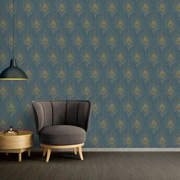 Galerie Wallpaper Product code: AC60004_2 - Absolutely Chic Wallpaper Collection - Blue Yellow Metallic Colours - Peacock Feather Motif Design