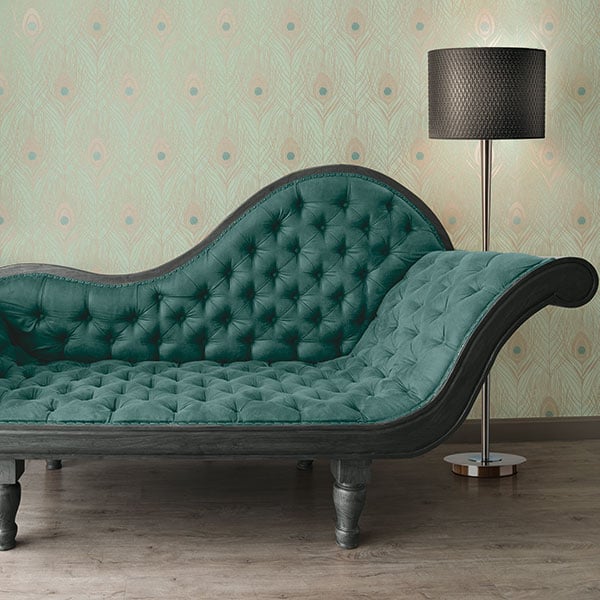 Galerie Wallpaper Product code: AC60005R - Absolutely Chic Wallpaper Collection - Blue Green Metallic Colours - Peacock Feather Motif Design