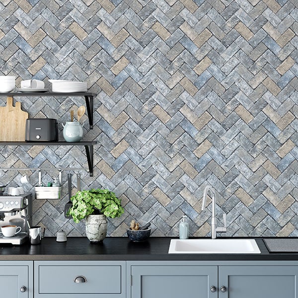 Galerie Wallpaper Product code: G45425R - Just Kitchens Wallpaper Collection - Blues Taupe Colours - Herringbone Brick Design