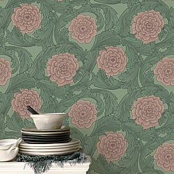 Galerie Wallcoverings Product Code 51011 - Blomstermala Wallpaper Collection - Green Pink Colours - Big Bloom Design