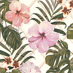 Galerie Wallcoverings Product Code ES31142 - Escape Wallpaper Collection - White, Cream, Green, Pink, Purple, Orange, Taupe Colours - Tropical Hibiscus Design