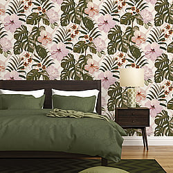 Galerie Wallcoverings Product Code ES31142 - Escape Wallpaper Collection - White, Cream, Green, Pink, Purple, Orange, Taupe Colours - Tropical Hibiscus Design