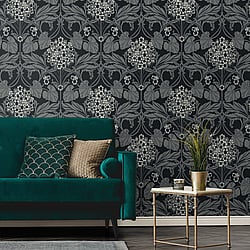 Galerie Wallcoverings Product Code ET12120 - Arts and Crafts Wallpaper Collection - Black Grey White Colours - Floral Hydrangea Design