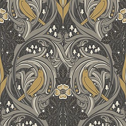 Galerie Wallcoverings Product Code ET12208 - Arts and Crafts Wallpaper Collection - Charcoal Grey Yellow Colours - Bird Scroll Design