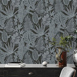 Galerie Wallcoverings Product Code FL61111 - Flourish Wallpaper Collection - Grey/Black Colours - Grafic Leaves Motif Design