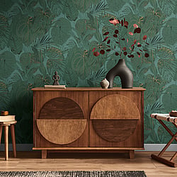 Galerie Wallcoverings Product Code FL61158 - Flourish Wallpaper Collection - Green/Metallic Colours - Jungle Leaves Motif Design