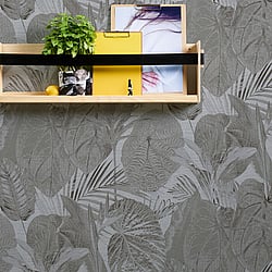 Galerie Wallcoverings Product Code FL61160 - Flourish Wallpaper Collection - Grey/Black Colours - Jungle Leaves Motif Design