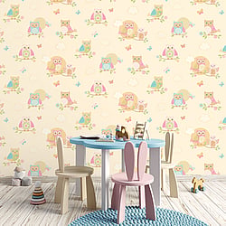 Galerie Wallcoverings Product Code G56035 - Just 4 Kids 2 Wallpaper Collection - Yellow Pink Blue Orange Colours - Colourful Owls Design